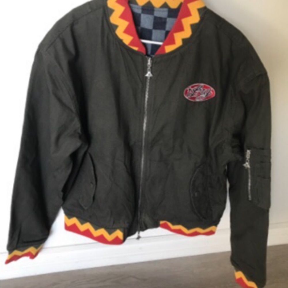 LRG Olive Bomber Jacket with Red and Yellow Zigzag Trim (L) For Men New